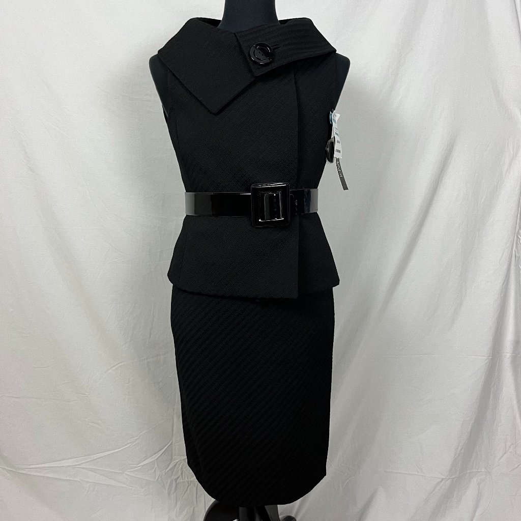 Nwt Tahari 2 Pc Matching Black Corporate Skirt Suit Set Sleeveless Belt Size 10